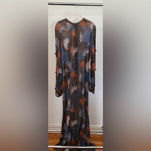 Vintage Metallic Floral Maxi Dress – Boho Glam Statement Gown – Size Small